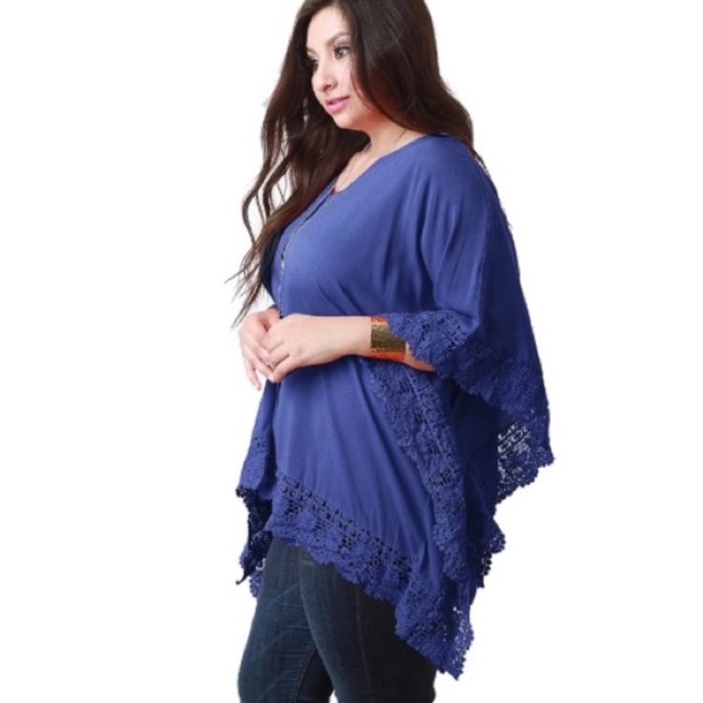 Violet Blue Crochet Lace Trim Batwing Blouse - Picture 3 of 7